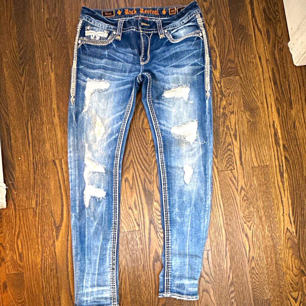 Rock Revival Women’s Skinny Jeans Slim Fit Blue Medium Wash Distressed Low Rise